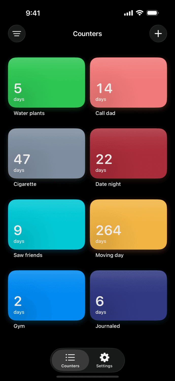 An Elapsed home screen with a grid of counters (Water plants, Call dad, Cigarette, Date night, Saw friends, Moving day, Gym, Journaled), each showing the days since.
