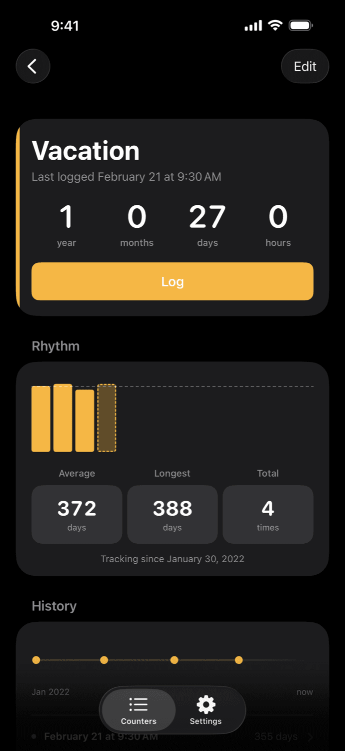An Elapsed counter detail screen with a Log button.
