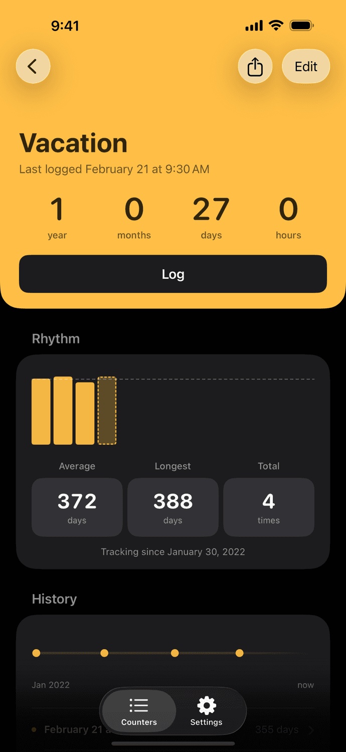 An Elapsed counter detail screen with a Log button.