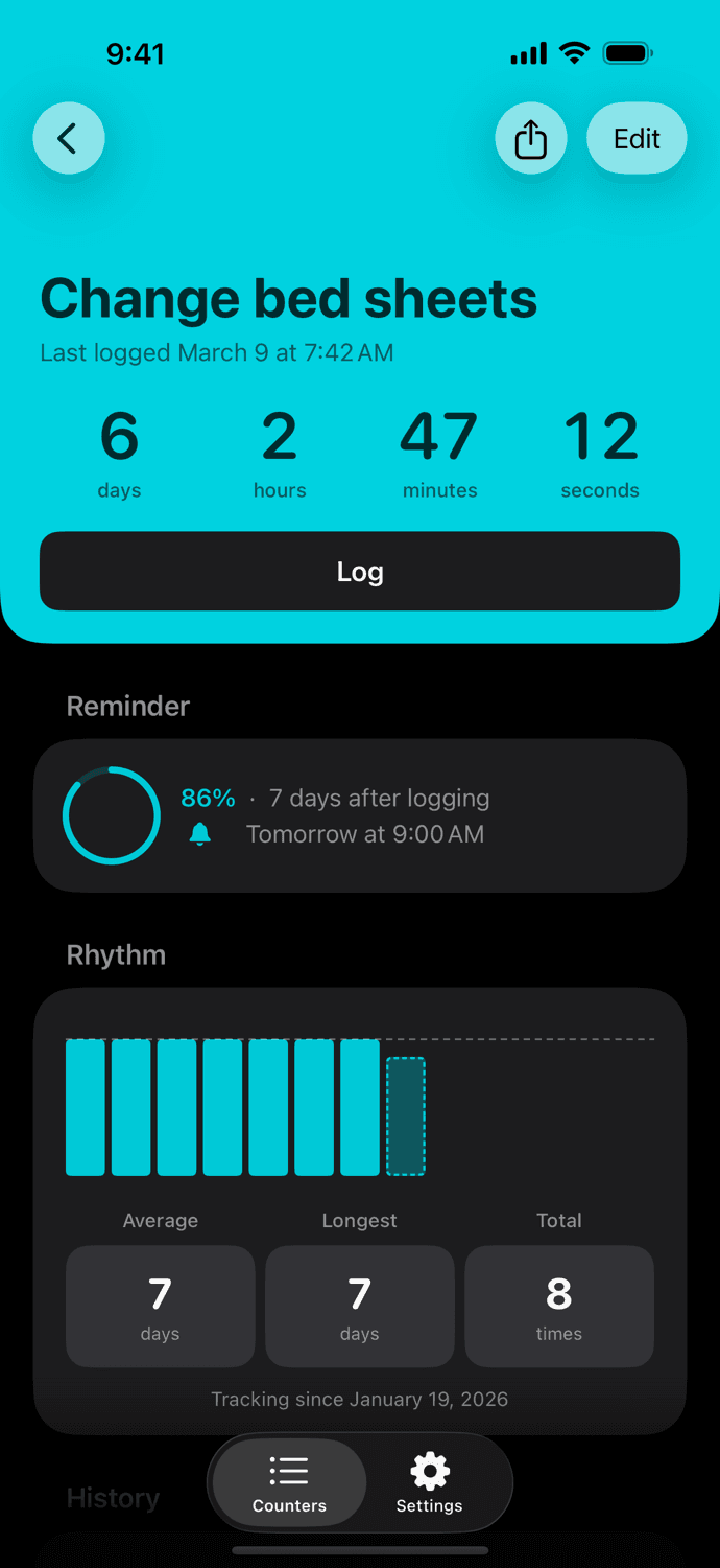 An Elapsed reminder screen showing the next reminder rescheduling after logging.