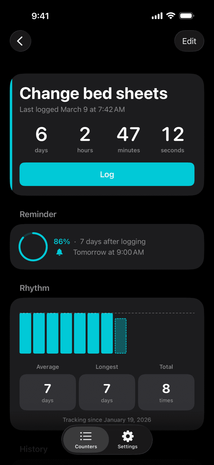 An Elapsed reminder screen showing the next reminder rescheduling after logging.