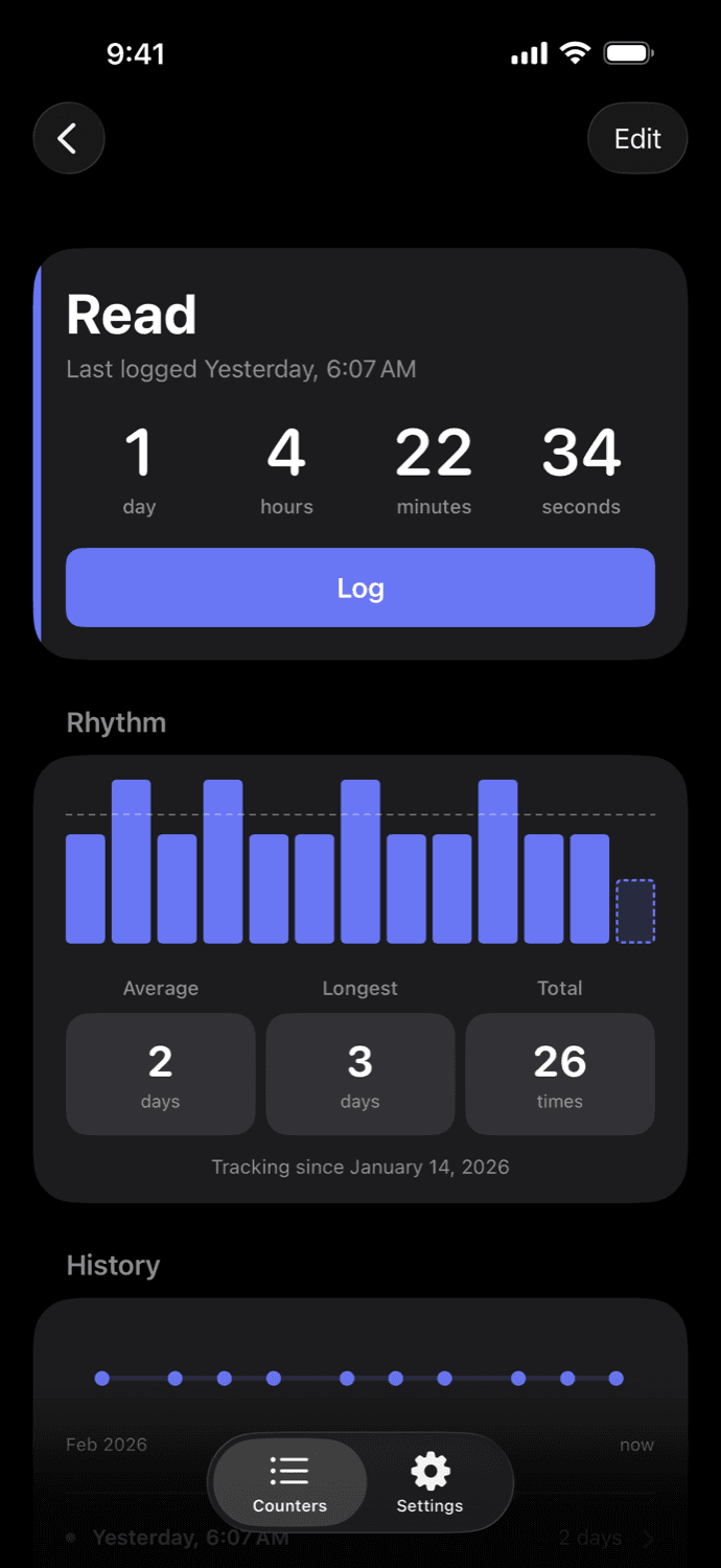 An Elapsed insight screen with a rhythm chart and counter statistics.